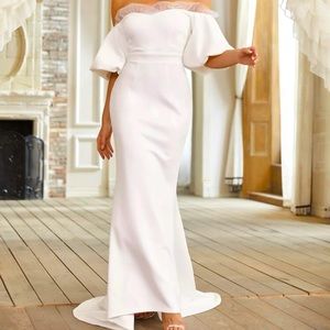 NWT Giffniseti Off Shoulder Contrast Mesh Mermaid Hem Wedding Dress